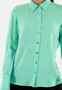 Camicia verde menta a maniche lunghe realizzata in tessuto liscio, con chiusura frontale a bottoni dorati e design del colletto classico.