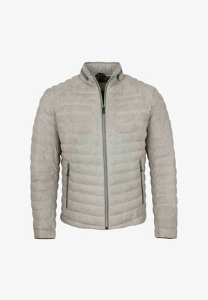 Light grey quilted jacket with stand collar, front zipper, and zippered side pockets, displayed on a white background.