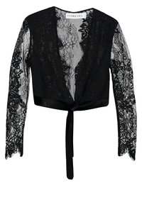 Černý krajkový krátký cardigan s dlouhým rukávem, květinovým vzorem a zavazováním v přední části, označený značkou Ivyrevel.