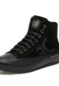 Black high-top sneakers featuring a combination of suede and leather, with flat laces, metal eyelets, and a textured logo accent.