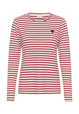 Košile s dlouhými rukávy vyrobená z bavlny, s červenými a bílými vodorovnými pruhy, kulatým výstřihem a malým detailem srdce na hrudi.