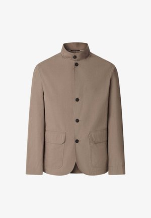 Beige lightweight jacket with a stand collar, five buttons, and two front pockets; features a smooth texture and tailored fit.