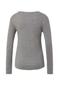 Long-sleeve, heather gray crew-neck shirt shown from the back with a fitted silhouette and plain design.