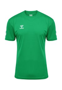 Maglietta atletica verde in tessuto sintetico, con colletto rotondo, maniche corte e dettagli bianchi sulle spalle. Logo del marchio in evidenza.