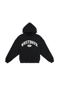 Felpa nera con cappuccio caratterizzata da un grafico centrale in bianco con la scritta "WRSTBHVR" e un logo circolare. Presenta una tasca a marsupio frontale e polsini elasticizzati.
