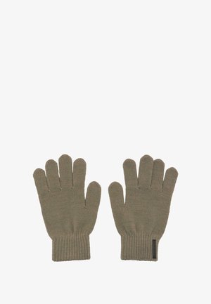 Gebreide handschoenen in olijfgroen, met een standaard ontwerp voor vijf vingers, geribbelde manchetten en een textiel met een gestructureerd uiterlijk en minimale stikseldetails.