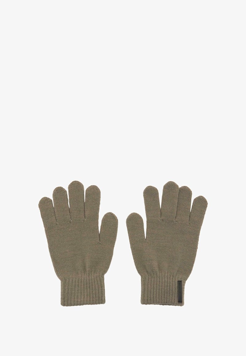 Pletene rukavice u maslinasto zelenoj boji, sa standardnim dizajnom sa pet prstiju, rebrastim manžetama i teksturiranim materijalom s minimalnim šavnim detaljima.