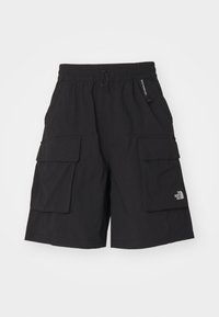Svart cargo-shorts i lättviktsmaterial. De har en elastisk midja, två stora sidofickor och en logotyp framtill.