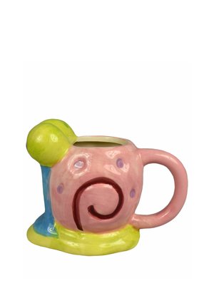 Ceramic mug shaped and painted like a cartoon snail with pink, yellow, green, and blue colors and a spiral shell design.