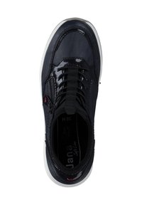Black athletic shoe with a glossy leather upper, elastic laces, side zipper, and a white rubber sole. Textured lining inside.