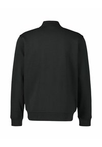 Black sweatshirt with a crew neck, ribbed cuffs, and waistband. Features a smooth texture and simple design, shown from the back.