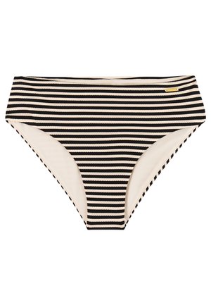 Gestreept bikinibroekje in zwart en crème. Heeft een model met hoge taille en een gladde textuur. Voorzien van een klein gouden logo-accent.