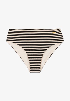 Gestreept bikinibroekje in zwart en crème. Heeft een model met hoge taille en een gladde textuur. Voorzien van een klein gouden logo-accent.