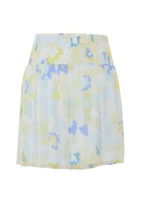 Mini hame, jossa on kukkakuosi ja kiristysvyötärö. Valmistettu pehmeästä, kevyestä kankaasta vaaleankeltaisissa ja sinisissä sävyissä, varustettuna laskostetulla yksityiskohdalla.