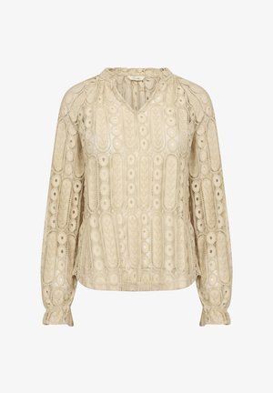 Svetlo bež bluza iz čipkastog materijala s kompleksnim okruglim i ovalnim uzorcima, z visoko izrezom, skupljenim rukavima in sproščenim krojem.
