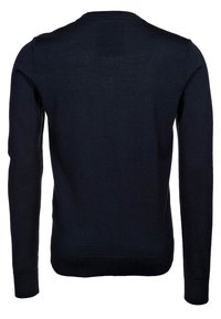 Mörkblått stickat tröja med långa ärmar, rund hals, samt ribbade mudd och nederkant, med en slät yta och minimal sömnadsdetalj.