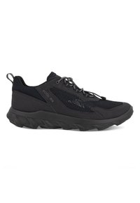Black mesh and synthetic athletic shoe with a textured sole, elastic laces, and a cushioned tongue for comfort and support.