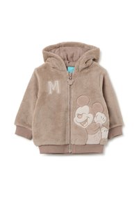 Sudadera de felpa beige con cremallera frontal, con un bordado de Mickey Mouse a la izquierda y una letra "M". Tejido suave y puños acanalados.