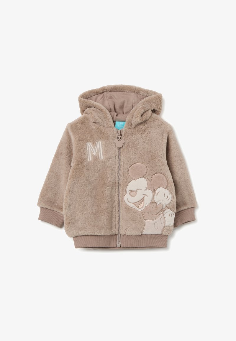 Felpa in peluche beige con zip frontale, dotata di ricamo di Topolino a sinistra e la lettera "M". Tessuto morbido e polsini a coste.