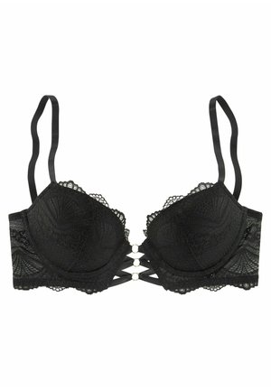 Black lace bra with molded cups, adjustable straps, and decorative front hardware featuring a strappy design and scalloped edges.