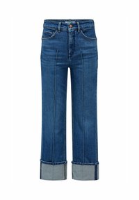 Svijetloplavi traperice viskog struka, ravnog kroja s širokim manžetama. Imaju prednje džepove i kontrastne šavove duž šavova.