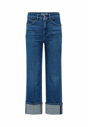 Jeans de mezclilla azul claro con una cintura alta, pierna recta y puños anchos. Presenta bolsillos frontales y costuras en contraste a lo largo de las costuras.