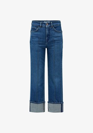 Jeans de mezclilla azul claro con una cintura alta, pierna recta y puños anchos. Presenta bolsillos frontales y costuras en contraste a lo largo de las costuras.