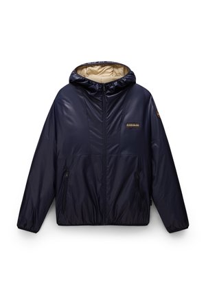 Navy blue puffer jacket with a hood; shiny finish, elastic cuffs, zippered pockets, and a tan inner lining. Brand logo on the chest.