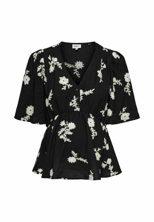 Czarna bluzka z dekoltem w serek z krótkimi bufkami, białym kwiatowym haftem, zapinana na guziki z przodu, z lekko rozszerzonym pasem.