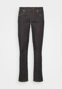 Jean en denim bleu foncé à coupe slim avec fermeture à bouton et coutures contrastées, poches avant et jambes droites.