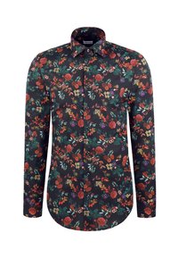Camicia nera a maniche lunghe con motivo floreale in rosso, giallo, viola e verde, con bottoni frontali e colletto a punta.