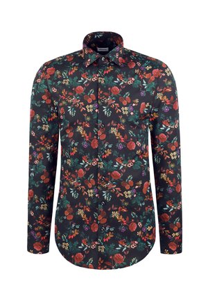 Long-sleeve black shirt with red, yellow, purple, and green floral pattern, buttoned front, and a pointed collar.
