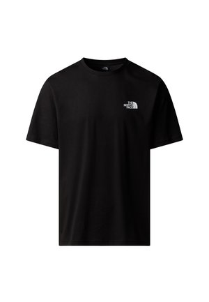Zwarte katoenen T-shirt met een ronde hals, korte mouwen en een klein wit logo op de linker borst. Eenvoudig, klassiek ontwerp.