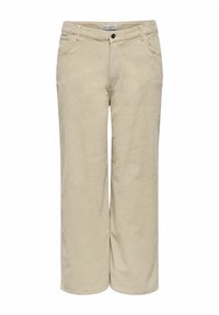 Bež hlače širokih nogavica od korduroga s pet džepova, zatvaranjem na kopču i petljama za remen. Mekana tekstura s okomitim žljebovima po cijeloj površini.