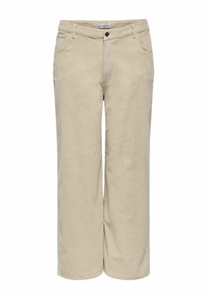 Pantalones de pana beige de pierna ancha con cinco bolsillos, cierre de botones y presillas para cinturón. Textura suave con estrías verticales en toda la prenda.