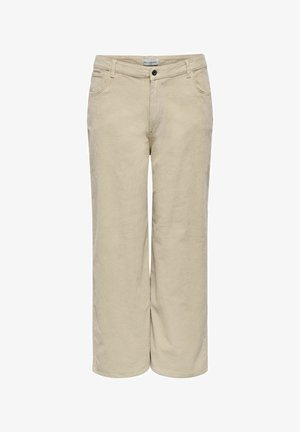 Pantalones de pana beige de pierna ancha con cinco bolsillos, cierre de botones y presillas para cinturón. Textura suave con estrías verticales en toda la prenda.