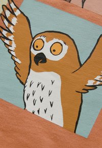 Brun uggleillustration på en texturerad orange bakgrund, med upplyfta vingar, stora vita ögon och framträdande fjädrar.