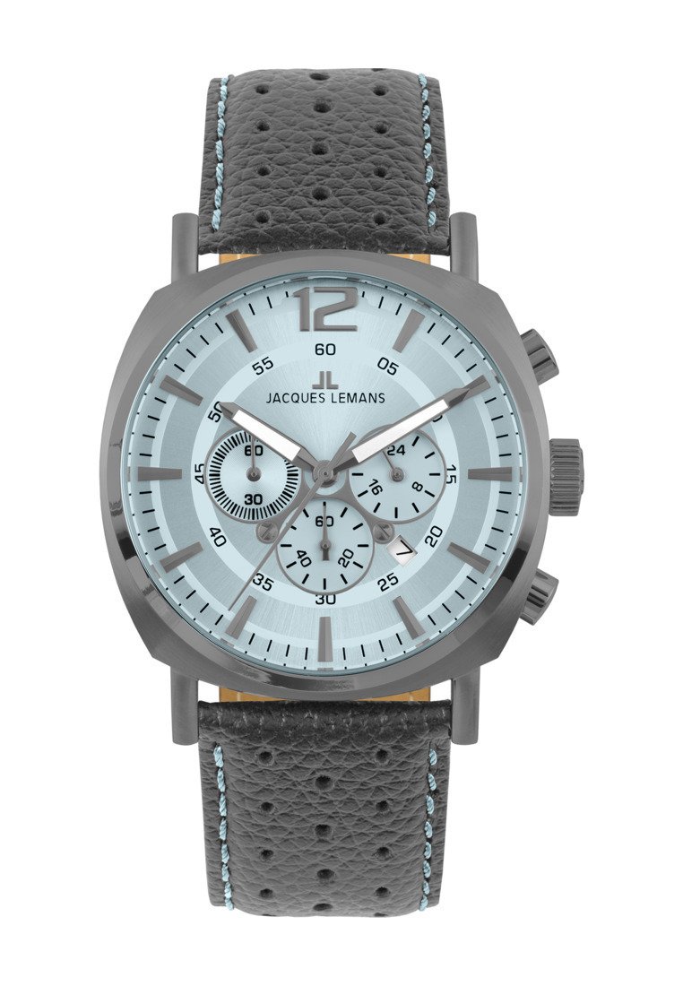 Orologio cronografo con quadrante blu chiaro, cassa in acciaio inossidabile grigio e bracciale in pelle nera con cuciture blu e perforazioni.