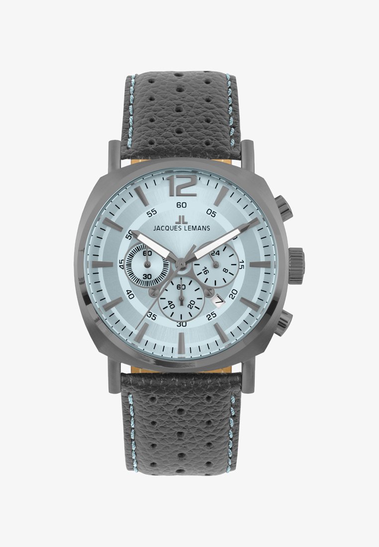 Orologio cronografo con quadrante blu chiaro, cassa in acciaio inossidabile grigio e bracciale in pelle nera con cuciture blu e perforazioni.