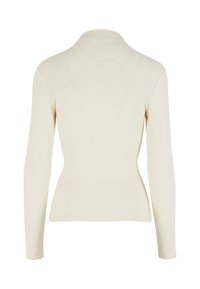 Langärmliges, figurbetontes Oberteil in Creme. Glatte Textur mit einem hohen Kragen und einem konturierten Design, das die Taille betont. Keine sichtbaren Beschläge.