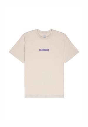 Beige bomulds-T-shirt med korte ærmer, rund halsudskæring og "ELEMENT" broderet i lilla tekst på brystet.