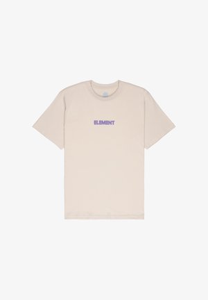 Camiseta de algodón beige con mangas cortas, cuello redondo y "ELEMENT" bordado en texto morado en el pecho.