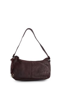 Burgundy leather shoulder bag with a textured crocodile pattern panel and a smooth finish, featuring a zip closure and short strap.