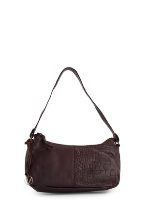 Burgundy leather shoulder bag with a textured crocodile pattern panel and a smooth finish, featuring a zip closure and short strap.