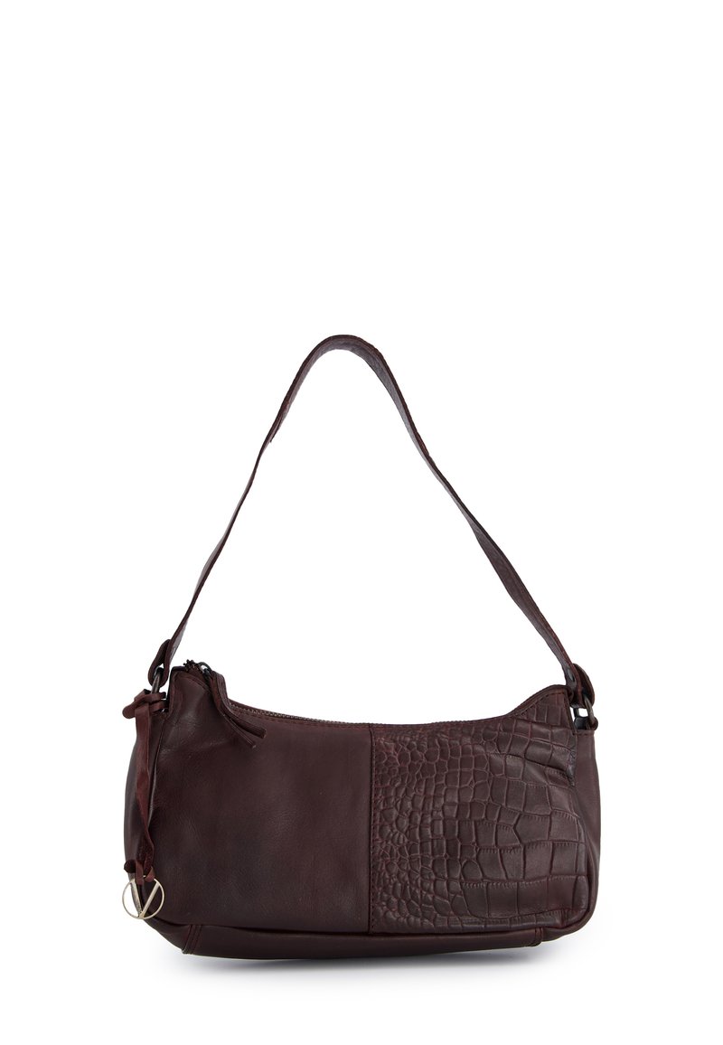 Burgundy leather shoulder bag with a textured crocodile pattern panel and a smooth finish, featuring a zip closure and short strap.