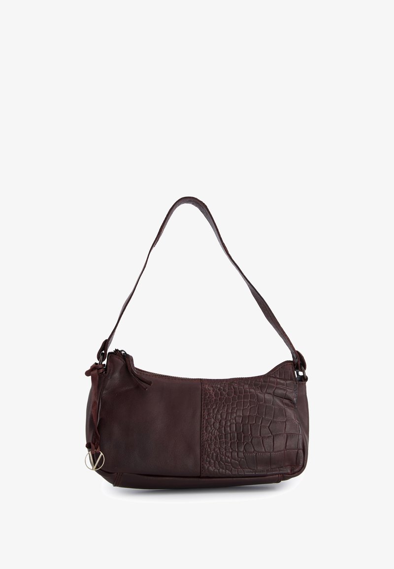Burgundy leather shoulder bag with a textured crocodile pattern panel and a smooth finish, featuring a zip closure and short strap.