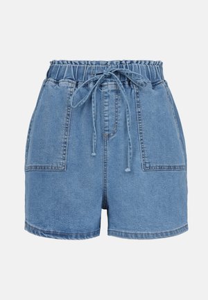 Džinsu šorti ar elastīgu jostu un auklu. Zila krāsa, brīvs piegriezums, divi lieli priekšējie kabatas un uzšūtas apmales.