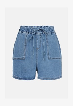 Džinsu šorti ar elastīgu jostu un auklu. Zila krāsa, brīvs piegriezums, divi lieli priekšējie kabatas un uzšūtas apmales.