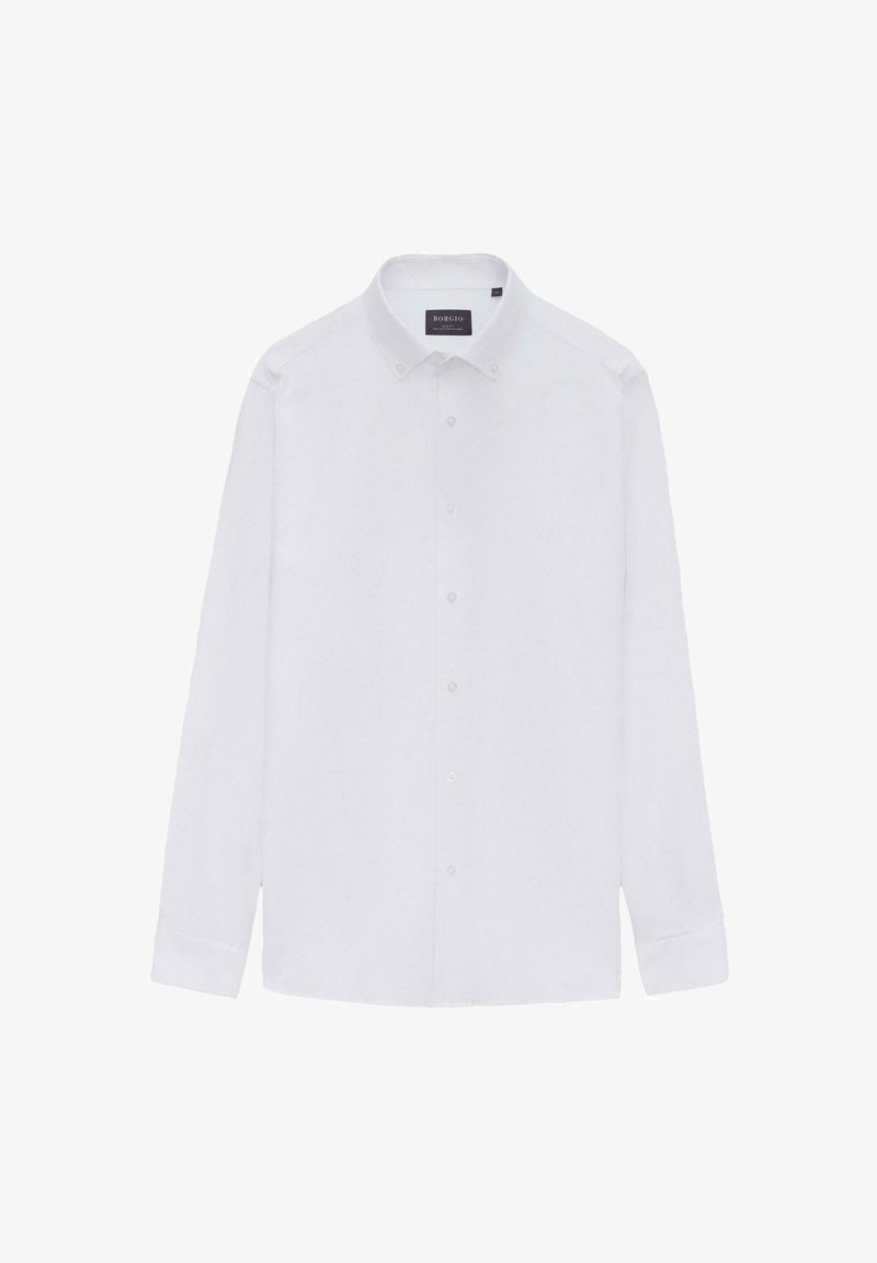 Biała, długosleeve koszula z guzikami i kołnierzykiem rozłożonym, wykonana z gładkiego materiału. Posiada metkę z logo oraz zaokrąglony dół.