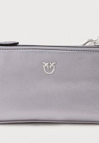 Metallic silver zippered pouch made of smooth material, featuring a small logo with two birds, flat design, and no visible patterns.